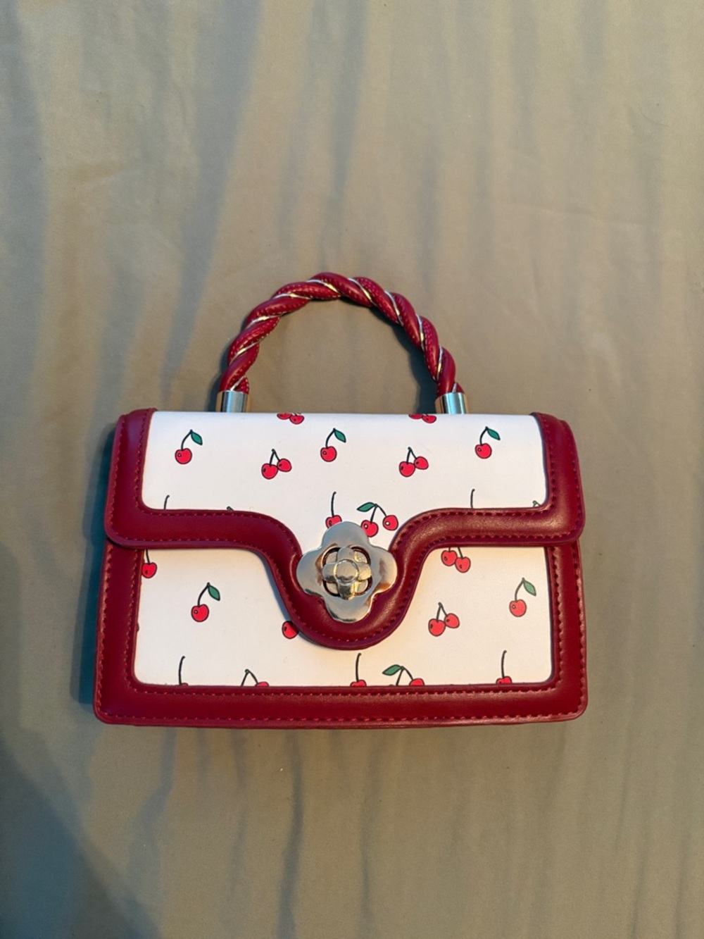 Cherry-Print White and Red Top-Handle Women’s Bag